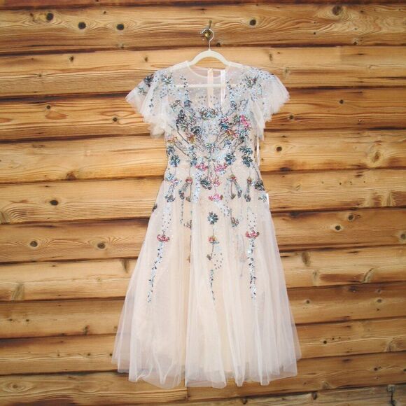 Mac Duggal 20510 Flutter Sleeve High Neck Embellished Floral Dress - Picture 5 of 13